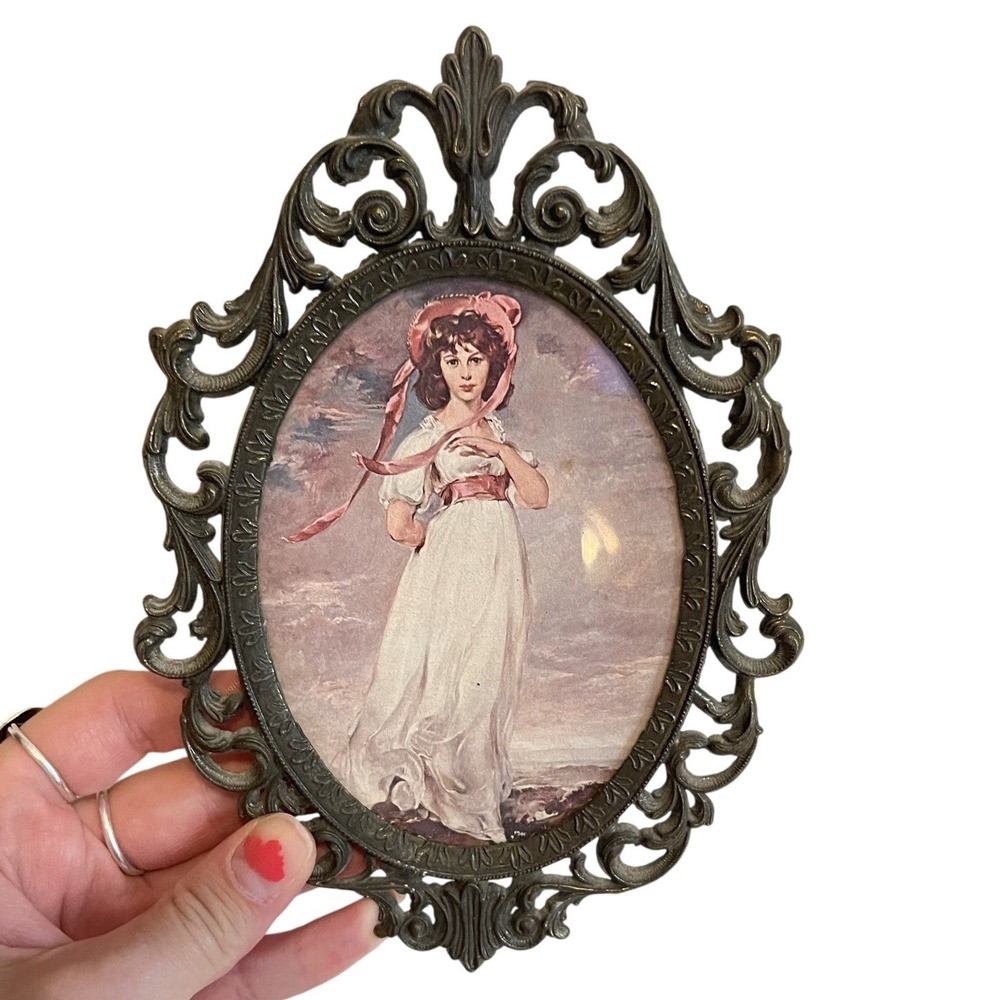 Vintage Italy Brass Pink Picture Framed Cameo Lady Victorian‎ Goddess Decor 5x7